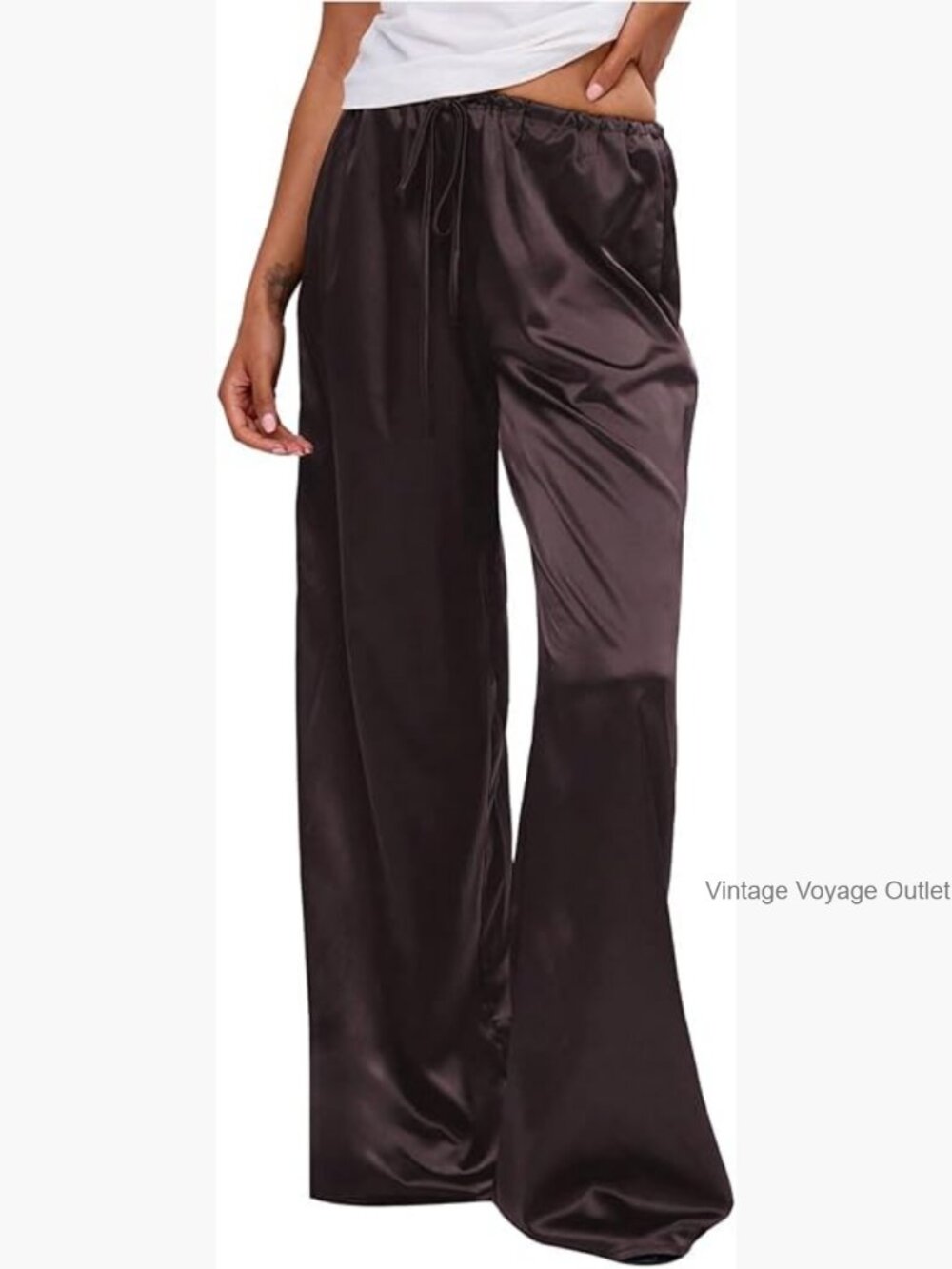 Summer Satin Silk Pants Casual Flowy Wide Leg Elastic Waist
